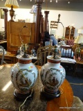 PAIR OF PORCELAIN JAPANESE TABLE LAMPS; SET OF TWO WHITE PORCELAIN URN SHAPED TABLE LAMPS WITH HAND
