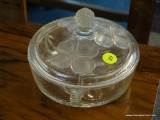 DOGWOOD PATTERNED LIDDED GLASS CANDY DISH; CLEAR GLASS DISH WITH LID WITH FINIAL ON TOP, MEASURES