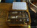 ASSORTED MINI FIGURINES IN SMALL WOODEN DISPLAY CASE; LOT ALSO INCLUDES SMALL PLASTIC COMPARTMENTED