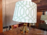 SHORT ADJUSTABLE ARM DESK LAMP WITH SAGE GREEN AND OFF WHITE PATTERNED LAMPSHADE; MEASURES 13 IN
