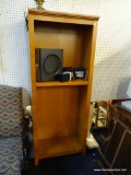 BOOKCASE/OPEN FRONT CABINET; CROWN MOLDED TOP WITH SINGLE STATIONARY INTERIOR SHELF, MEASURES 28 IN
