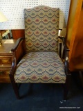 STATESVILLE CHAIR CO UPHOLSTERED ARMCHAIR/DESK CHAIR; TAN/BROWN/RED ZIGZAG PATTERN WITH WOODEN ARMS
