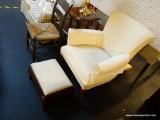 CREAM COLORED UPHOLSTERED ARMCHAIR AND MATCHING OTTOMAN; FLAT FAN SHAPED BACK, WITH ARMREST COVERS