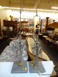 PAIR OF TABLE LAMPS; PAIR OF MODERN METAL TABLE LAMPS WITH FINIALS. EACH MEASURES 32 IN TALL.