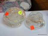 SET OF GLASS CANDLE HOLDERS; THIS LOT INCLUDES 3 ROUND GLASS CANDLE HOLDERS. TWO HAVE SCALLOPED