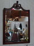 (WALL) ANTIQUE MAHOGANY FRAMED MIRROR WITH PLUME DETAILED CREST AND ROPED/TASSELED EDGES. MEASURES