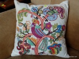 (BACK) MULTI COLORED EMBROIDERED THROW PILLOW; WHITE SQUARE THROW PILLOW WITH BEAUTIFUL MULTICOLORED