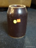 (BACK) BROWN GLAZED CROCK; SMALL BROWN CROCK. THIS CROCK IS MISSING THE LID BUT WOULD BE GREAT FOR