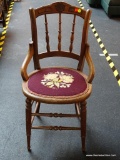 (BACK) VICTORIAN SIDE CHAIR; THIS BEAUTIFUL CHAIR HAS A SQUARE BACK WITH SPINDLES AND IS SUPPORTED