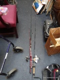 (BACK) LOT OF FISHING RODS AND REELS; THIS LOT CONTAINS FISHING RODS ALL OF WHICH HAVE ATTACHED