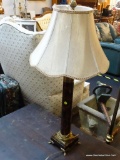 (BACK) BRASS AND MARBLE LOOK TABLE LAMP; TALL BRASS AND BROWN MARBLE LOOK TABLE LAMP WITH PLEATED