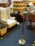 (BACK) BRASS FLOOR LAMP WITH CHEVRON SHADE; TALL BRASS FLOOR LAMP WITH EXTENDABLE ARM. THIS LAMP HAS