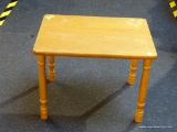 (BACK) SMALL WOODEN SIDE TABLE; LIGHT WOOD GRAIN SIDE TABLE WITH 4 SPINDLE LEGS. MEASURES 18 IN X 13