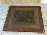 (WALL) DARK VINTAGE PHOTO-LIKE IMAGE OF MEN GATHERED AROUND A TABLE; IN BROWN MATTING AND DARK