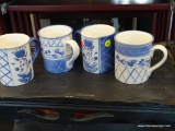CERTIFIED INTERNATIONAL CORPORATION MUGS; THIS LOT CONTAINS 4 BLUE AND WHITE FLORAL PRINT MUGS MADE