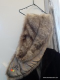 GREY FUR STOLE; LIGHT GREY FUR STOLE WITH SILK LINER WITH FLORAL DETAILING AND 