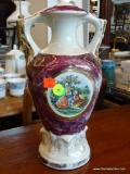LAMP BASE; VICTORIAN HAND PAINTED PORTRAIT LAMP BASE WITH GOLD PAINTED HANDLES AND PURPLE ACCENTS.