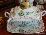 SOUP TUREEN; MADE IN ITALY FLORAL AND FRUIT THEMED 2 HANDLED SOUP TUREEN WITH LADLE AND UNDER PLATE.
