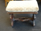 VICTORIAN FOOTSTOOL; VICTORIAN UPHOLSTERED TRESTLE BASE FOOTSTOOL. MEASURES 20 IN X 11 IN X 17 IN