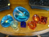 MURANO GLASS LOT; INCLUDES 4 FREE FORM DISHES (2 ARE BLUE AND 2 ARE ORANGE), AND 2 BUILDING STYLE