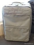 SAMFORD LUGGAGE CASE; LIGHT GREEN IN COLOR AND HAS ROLLING CAPABILITIES WITH TELESCOPING HANDLE. HAS
