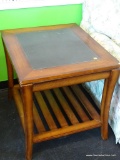 CONTEMPORARY WOOD END TABLE WITH INLAID TOP PANEL; SLATE COLORED PANEL INSET WITH 4 SABER LEGS AND