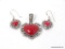 STERLING SILVER FILIGREE HEART SHAPED PENDANT WITH RED CORAL STONE; ALSO INCLUDES PAIR OF MATCHING