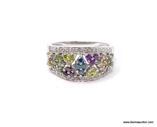 STUNNING 10K WHITE GOLD, MULTI-COLORED DIAMOND RING. THIS DELIGHTFUL RING HAS 28 MULTI-COLORED ROUND