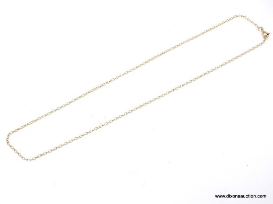 MARKED 385 9KT GOLD DRAWN CABLE CHAIN. MEASURES APPROX. 18" LONG & WEIGHS APPROX. 1.51 DWT.