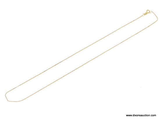 ITALIAN 14KT YELLOW GOLD BOX CHAIN. MEASURES APPROX. 18" LONG & WEIGHS APPROX. 0.71 DWT.