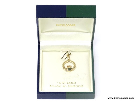 BRAND NEW SOLVAR 14KT YELLOW GOLD CLADDAGH PENDANT WITH REAL CANNEMARA MARBLE STONE. WEIGHS APPROX.