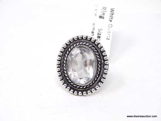 GERMAN SILVER & WHITE QUARTZ GEMSTONE RING. APPROX RING SIZE 6.