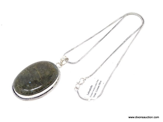 GERMAN SILVER & LABRADORITE GEMSTONE PENDANT DISPLAYED ON GERMAN SILVER 19" CHAIN.