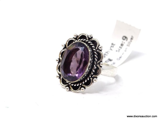 GERMAN SILVER & AMETHYST GEMSTONE RING. APPROX. RING SIZE 9.