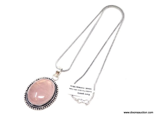 GERMAN SILVER & PINK QUARTZ GEMSTONE PENDANT DISPLAYED ON GERMAN SILVER 20" CHAIN.