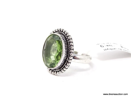 GERMAN SILVER & GREEN AMETHYST GEMSTONE RING. APPROX. RING SIZE 9.