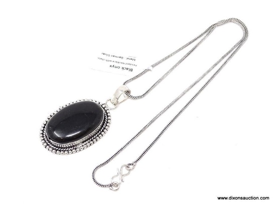 GERMAN SILVER & BLACK ONYX PENDANT DISPLAYED ON GERMAN SILVER 18" CHAIN.