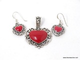 STERLING SILVER FILIGREE HEART SHAPED PENDANT WITH RED CORAL STONE; ALSO INCLUDES PAIR OF MATCHING