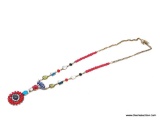 VERY NICE NATIVE AMERICAN INSPIRED, SOUTHWESTERN DESIGN GEMSTONE AND BEADED NECKLACE, WITH DROP
