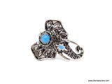 CONTEMPORARY SILVER TONE GOOD LUCK ELEPHANT RING, EMBELLISHED WITH TURQUOISE STONES. SIZE 7.5