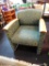 HOTEL-QUALITY ARMCHAIR; LIGHT AND DARK GREEN DAMASK PRINT UPHOLSTERY WITH BLONDE WOOD ARMS AND