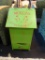 GREEN WOODEN VEGETABLE BIN; VIBRANT GREEN PAINTED BIN WITH RED FRENCH LETTERING AND DESIGN ON THE