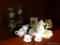 MINIATURE FIGURINES SHELF LOT; INCLUDES A SMALL TEA SET WITH 2 SAUCERS AND CUPS, SUGAR BOWL WITH