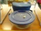 PYREX PORTABLES SET; ROUND #7404-S BOWL WITH BLUE PLASTIC LID AND DARK BLUE THERMAL.