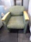 HOTEL-QUALITY ARMCHAIR; LIGHT AND DARK GREEN DAMASK PRINT UPHOLSTERY WITH BLONDE WOOD ARMS AND