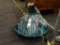 STAINED GLASS LIGHT FIXTURE; BELL SHAPED HANGING LIGHT FIXTURE WITH TEAL, BLUE AND WHITE STAINED