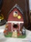 BIRDHOUSE; BARN THEMED BIRDHOUSE WITH ROOSTER AND CHICKEN THEME. MEASURES 8.5 IN TALL