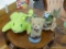ASSORTED LOT; INCLUDES A PLUSH AND BEADED FROG, A WICKER FROG, AND A STUFFED TEDDY BEAR FIGURE.