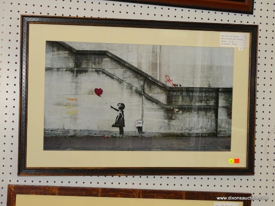 (WALL2) "GIRL WITH BALLOON" FRAMED GICLEE PRINT BY GRAPHIC ARTIST BANKSY; MATTED IN OFF WHITE BORDER