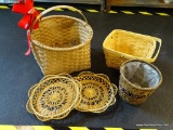 ASSORTED BASKETS LOT; 5 TOTAL PIECES INCLUDING 2 PLATE HOLDERS, SMALL LINED WASTEBASKET, LIGHT
